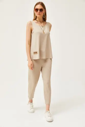 Kadın Taş Kolsuz Salaş Bluzlu Alt Üst Kristal Takım TKM-19000271-Taş - 3