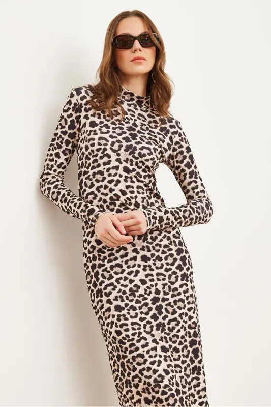 Kadın Taş Leopar Leopar Likralı İnce Dalgıç Elbise ELB-19002292 - Taş Leopar - 12