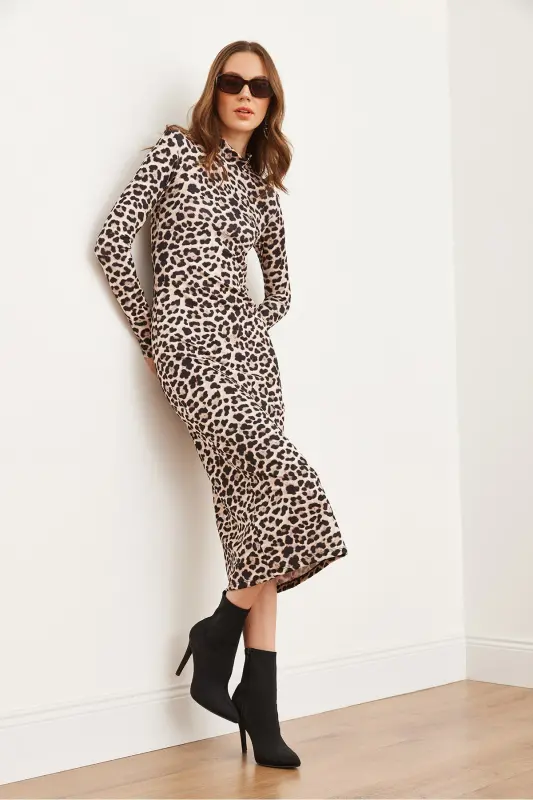 Kadın Taş Leopar Leopar Likralı İnce Dalgıç Elbise ELB-19002292 - Taş Leopar - 4