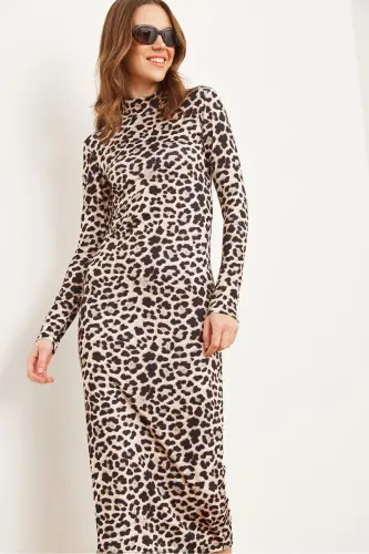 Kadın Taş Leopar Leopar Likralı İnce Dalgıç Elbise ELB-19002292 - Taş Leopar - 5