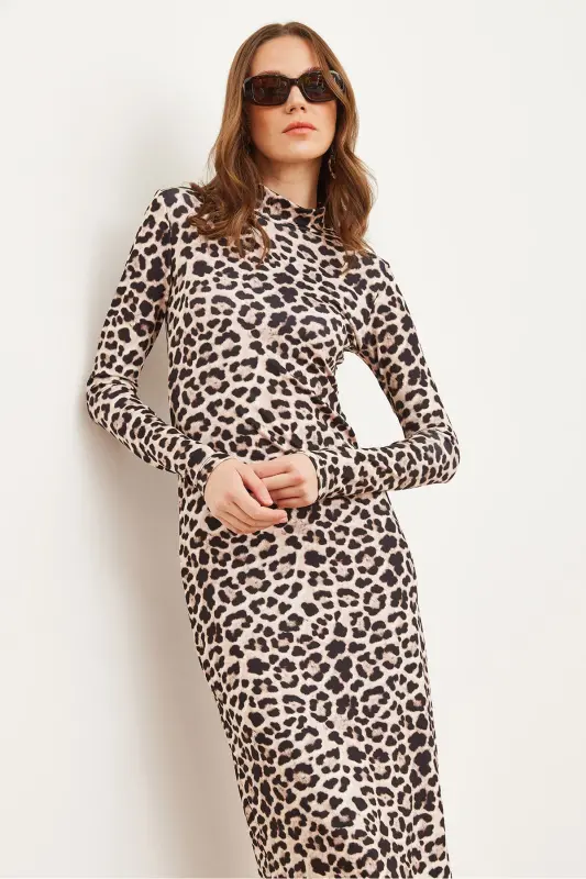 Kadın Taş Leopar Leopar Likralı İnce Dalgıç Elbise ELB-19002292 - Taş Leopar - 6