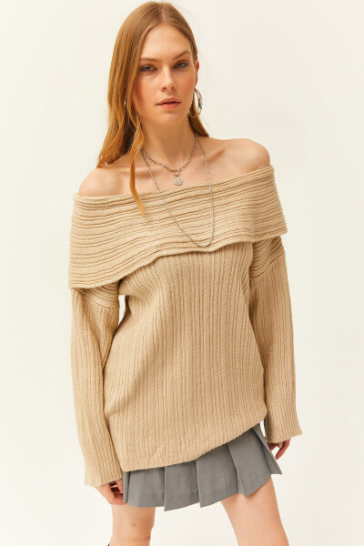 Kadın Taş Madonna Yaka Fitilli Salaş Triko Kazak KZK-19000732-Taş 