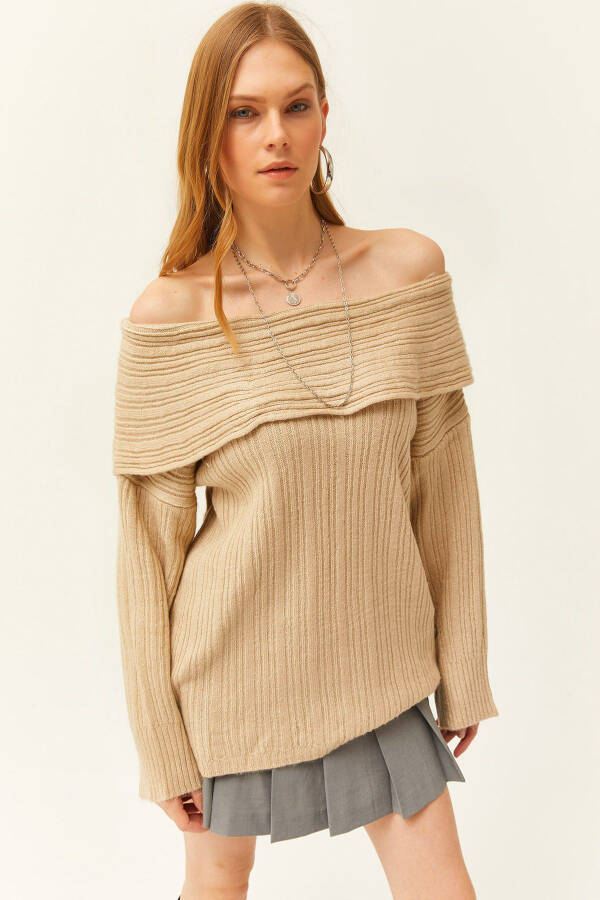 Kadın Taş Madonna Yaka Fitilli Salaş Triko Kazak KZK-19000732-Taş - 1