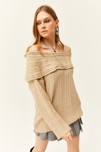 Kadın Taş Madonna Yaka Fitilli Salaş Triko Kazak KZK-19000732-Taş - 4