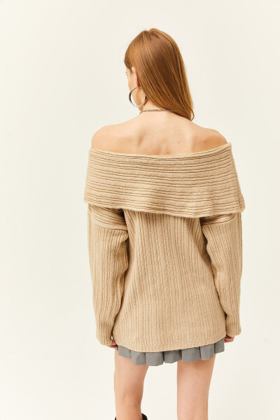 Kadın Taş Madonna Yaka Fitilli Salaş Triko Kazak KZK-19000732-Taş - 5