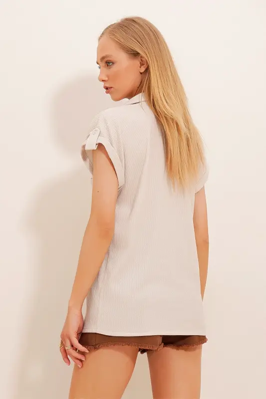 Kadın Taş Manşetli Duble Kısa Kollu Dokulu Gömlek ALC-X8724-Taş - 5