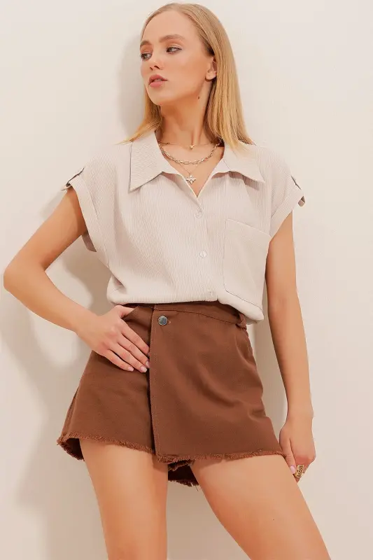 Kadın Taş Manşetli Duble Kısa Kollu Dokulu Gömlek ALC-X8724-Taş - TREND ALAÇATI STILI