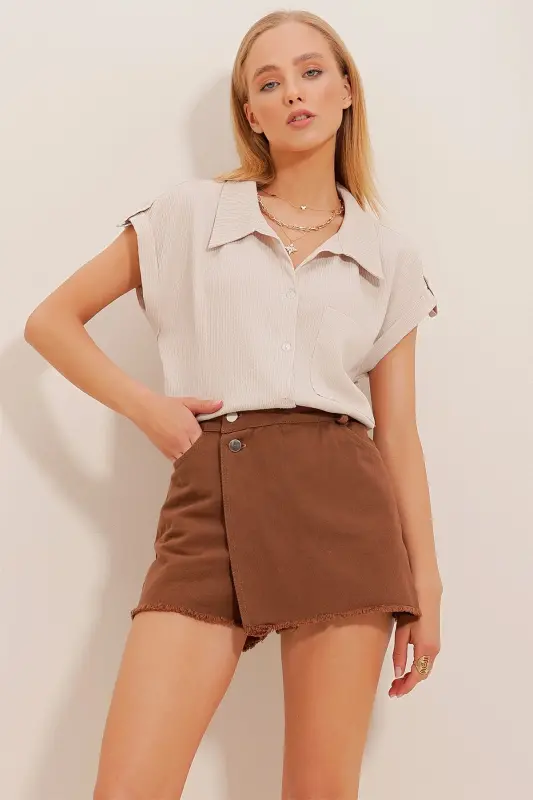 Kadın Taş Manşetli Duble Kısa Kollu Dokulu Gömlek ALC-X8724-Taş - 3