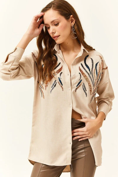 Kadın Taş Pul Payetli Yün Efektli Oversize Kışlık Gömlek-Taş - 3