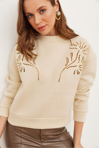 Kadın Taş Roba Fisto Detaylı Şardonlu Sweatshirt SWT-19000703-Taş 