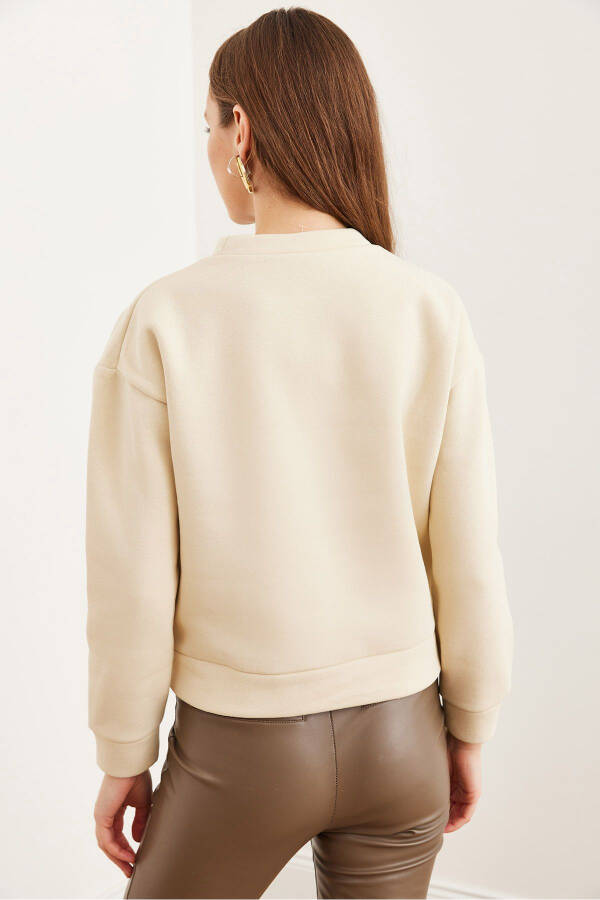 Kadın Taş Roba Fisto Detaylı Şardonlu Sweatshirt SWT-19000703-Taş - 7