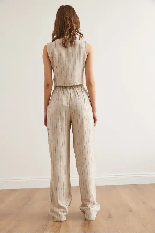 Kadın Taş Siyah Üst Yelek Alt Cepli Pantolon Çizgili Keten Takım TKM-19000360 - 7