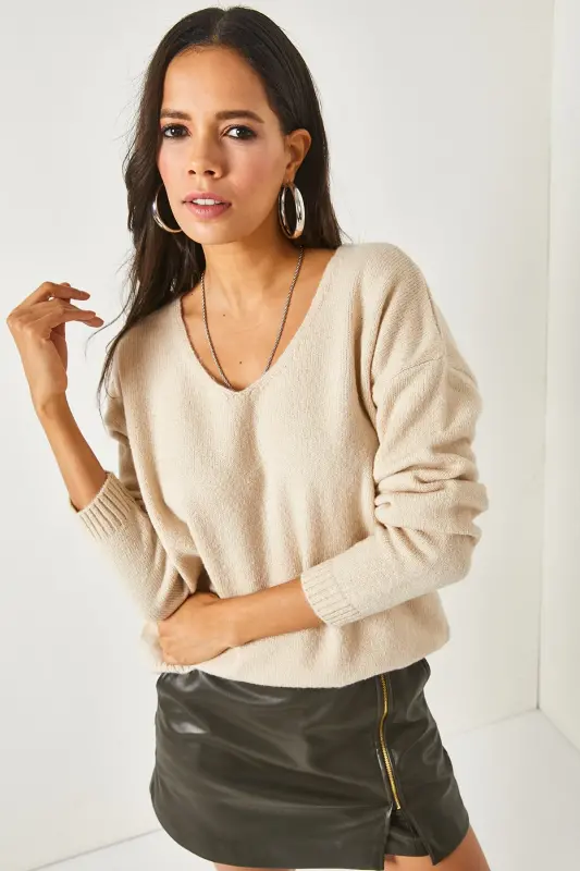 Kadın Taş V Yaka Yumuşak Dokulu Triko Kazak KZK-19000598-Taş - 2