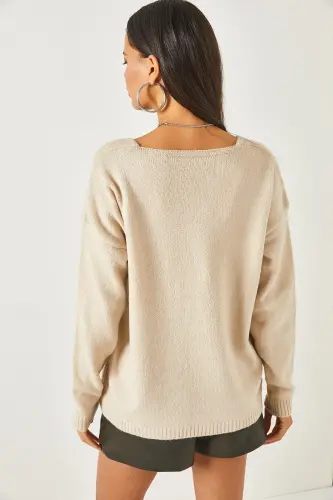 Kadın Taş V Yaka Yumuşak Dokulu Triko Kazak KZK-19000598-Taş - 5