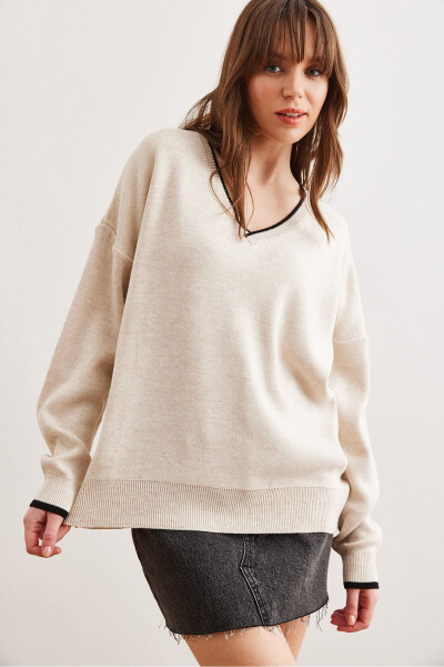 Kadın Taş Yaka Detaylı Şeritli Kalın Triko Kazak KZK-19000924-Taş - 6