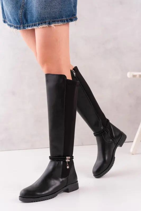 Kadın Taşlı Siyah Dalgıç Kumaş Dizaltı Çizme-Mat Siyah - 2