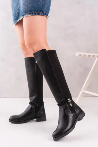 Kadın Taşlı Siyah Dalgıç Kumaş Dizaltı Çizme-Mat Siyah - 1