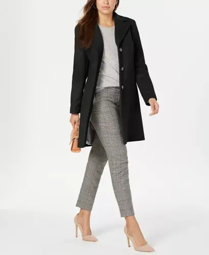 Womens Single-Breasted Wool Blend Coat - Black - 1