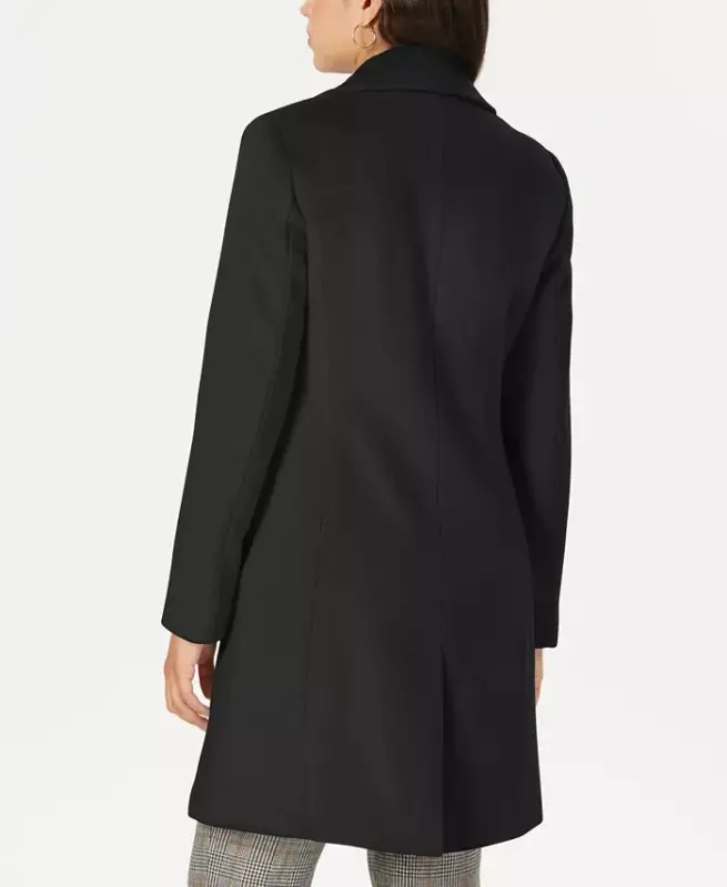 Womens Single-Breasted Wool Blend Coat - Black - 2