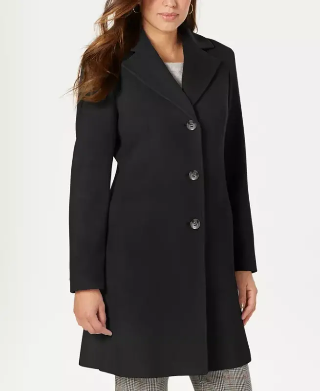 Womens Single-Breasted Wool Blend Coat - Black - 3
