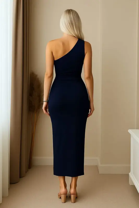 Kadın Tek Omuz Büzgülü Midi Elbise-Lacivert - 2
