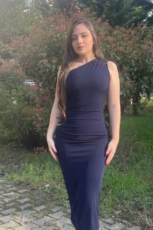 Kadın Tek Omuz Büzgülü Midi Elbise - Lacivert - 3