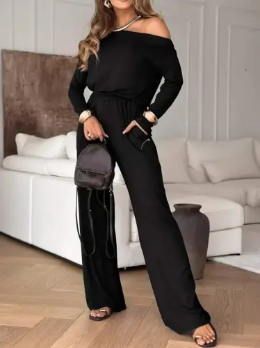 Kadın Tek Omuzdan Açık Uzun Kollu Belden Bağcıklı Uzun Viskon Iki Iplik Tulum - 2