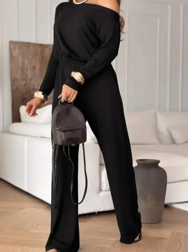 Kadın Tek Omuzdan Açık Uzun Kollu Belden Bağcıklı Uzun Viskon Iki Iplik Tulum - 3