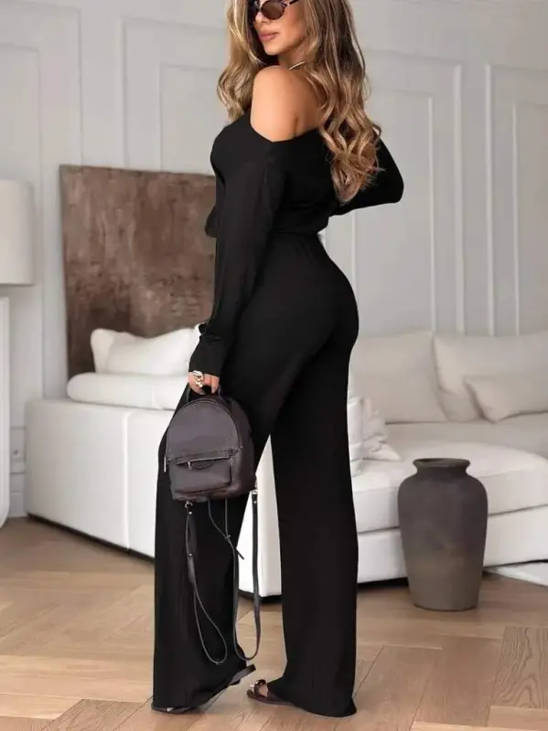 Kadın Tek Omuzdan Açık Uzun Kollu Belden Bağcıklı Uzun Viskon Iki Iplik Tulum - 5