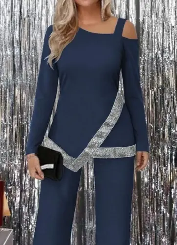 Kadın Tek Omuzdan Açık Uzun Kollu önü Pulpayet Ithal Krep Bluz Ve Pantolon - BÜYÜKBEDENIZ (1)