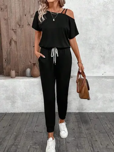 Kadın Tek Omuzdan Açık Viskon Iki Iplik Bluz Bağcıklı Pantolon Ikili Takım - BÜYÜKBEDENIZ (1)