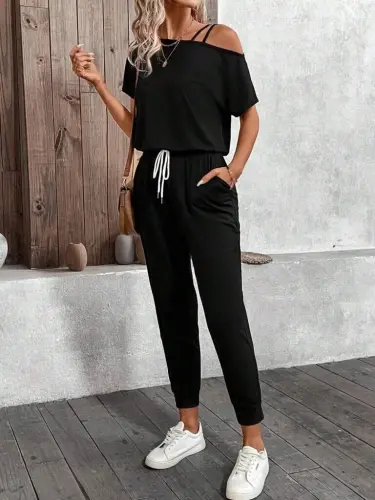 Kadın Tek Omuzdan Açık Viskon Iki Iplik Bluz Bağcıklı Pantolon Ikili Takım - 3