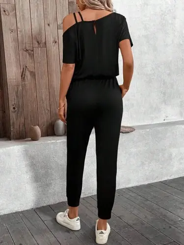 Kadın Tek Omuzdan Açık Viskon Iki Iplik Bluz Bağcıklı Pantolon Ikili Takım - 4