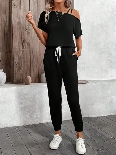 Kadın Tek Omuzdan Açık Viskon Iki Iplik Bluz Bağcıklı Pantolon Ikili Takım - 5