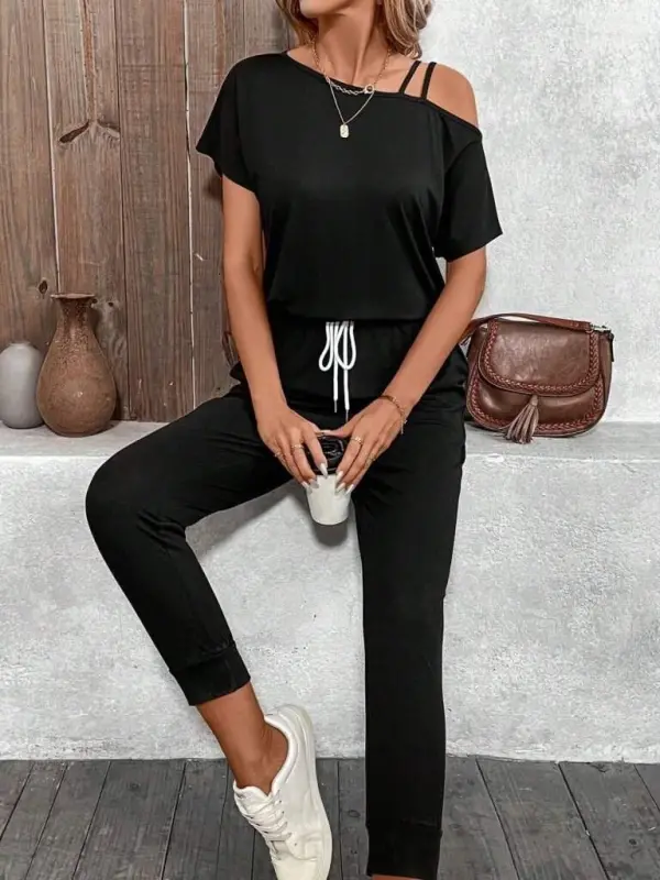 Kadın Tek Omuzdan Açık Viskon Iki Iplik Bluz Bağcıklı Pantolon Ikili Takım - BÜYÜKBEDENIZ