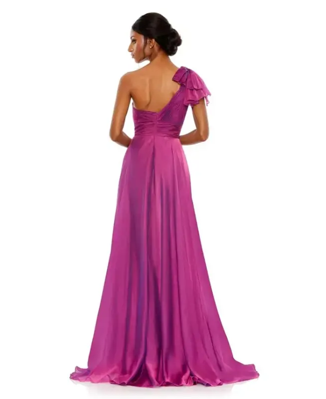 Women's Pleated One Shoulder Chiffon Gown - Raspberry - 2