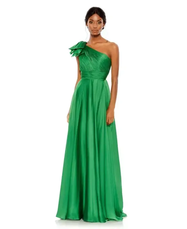 Women's Pleated One Shoulder Chiffon Gown - Emerald - 1
