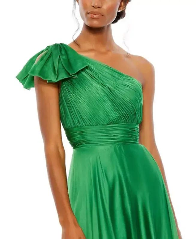 Women's Pleated One Shoulder Chiffon Gown - Emerald - 2