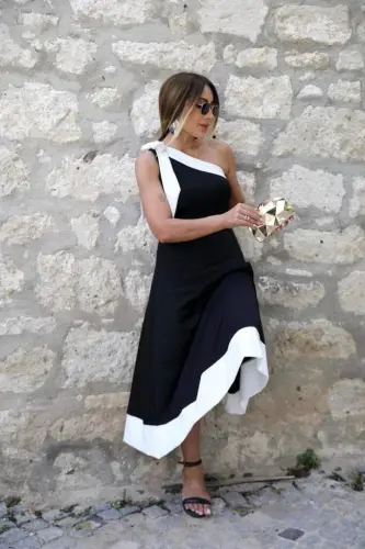 Kadın Tek Omuzu Açık Omuzlardan Kurdela Detaylı çift Renkli Ithal Krep Elbise - BÜYÜKBEDENIZ (1)