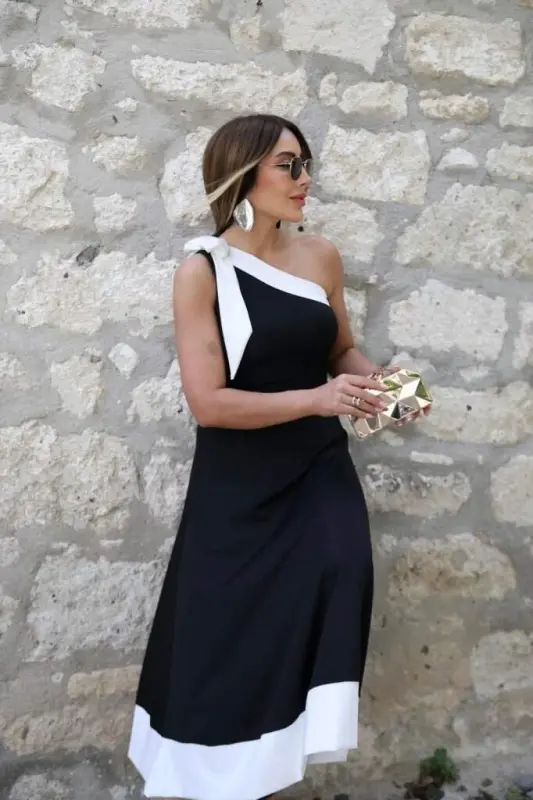 Kadın Tek Omuzu Açık Omuzlardan Kurdela Detaylı çift Renkli Ithal Krep Elbise - 3