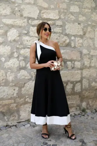 Kadın Tek Omuzu Açık Omuzlardan Kurdela Detaylı çift Renkli Ithal Krep Elbise - 4