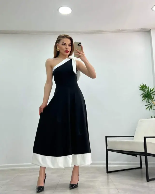 Kadın Tek Omuzu Açık Omuzlardan Kurdela Detaylı çift Renkli Ithal Krep Elbise - 6