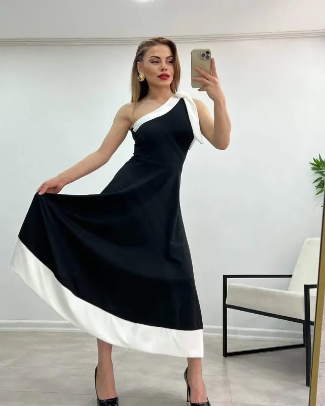 Kadın Tek Omuzu Açık Omuzlardan Kurdela Detaylı çift Renkli Ithal Krep Elbise - 7