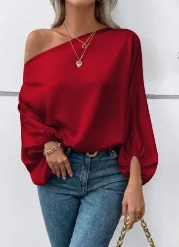 Kadın Tek Omuzu Açık Uzun Kollu Salaş Sandy Bluz - 4