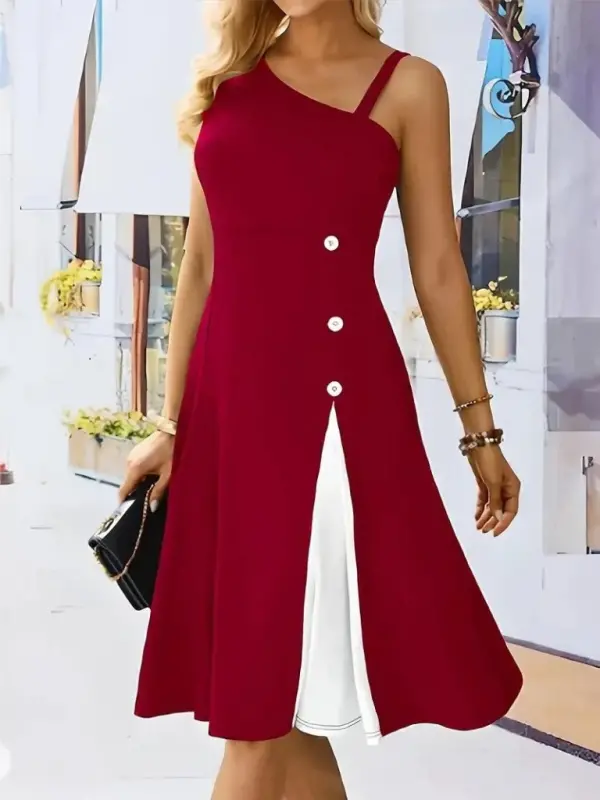 Kadın Tek Omuzu şerit Detaylı Kolsuz Yandan Düğme Detaylı Viskon Elbise - 1