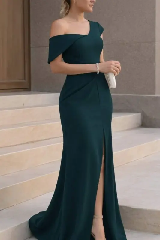 Kadın Tek Omzu Açık Kısa Kollu önden Yırtmaçlı Uzun Ithal Krep Elbise - 1