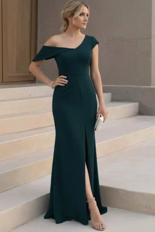 Kadın Tek Omzu Açık Kısa Kollu önden Yırtmaçlı Uzun Ithal Krep Elbise - 2