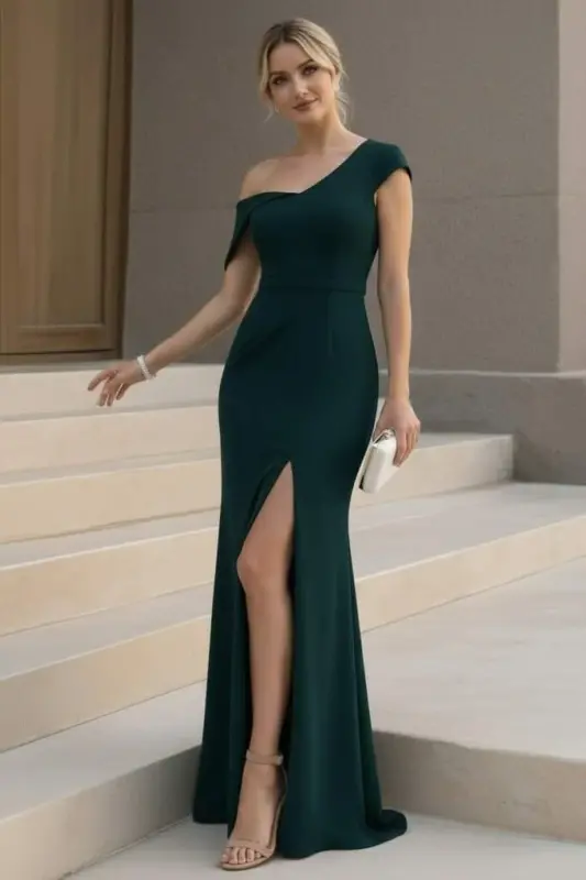 Kadın Tek Omzu Açık Kısa Kollu önden Yırtmaçlı Uzun Ithal Krep Elbise - 3