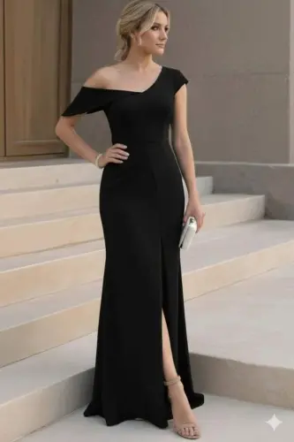 Kadın Tek Omzu Açık Kısa Kollu önden Yırtmaçlı Uzun Ithal Krep Elbise - 1