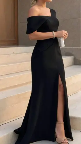 Kadın Tek Omzu Açık Kısa Kollu önden Yırtmaçlı Uzun Ithal Krep Elbise - 3